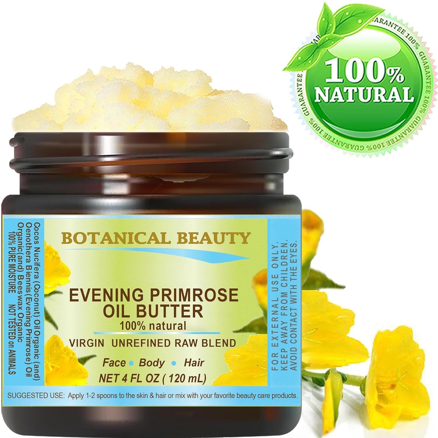 Botanical Beauty EVENING PRIMROSE OIL BUTTER Pure Natural Virgin Unrefined RAW for FACE, SKIN, BODY, DAMAGED HAIR, NAILS. (4 Fl Oz)