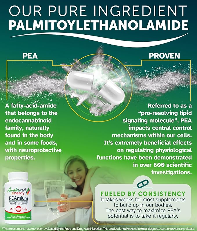 Palmitoylethanolamide 450mg Comfort Mobility Nerves Cognitive & Immune Support - Micronized High Absorption - All Natural Pea - USA Made - No Additives or Excipients - 30 Vegan Capsules Supplement