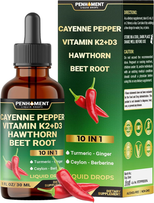 10in1 2700mg Cayenne Pepper Liquid Drops + Hawthorn Berry, Vitamin D3 K2 Beet Root Turmeric Ginger and More - Digestion Support - 1 Fl Oz - 2 Months Supply