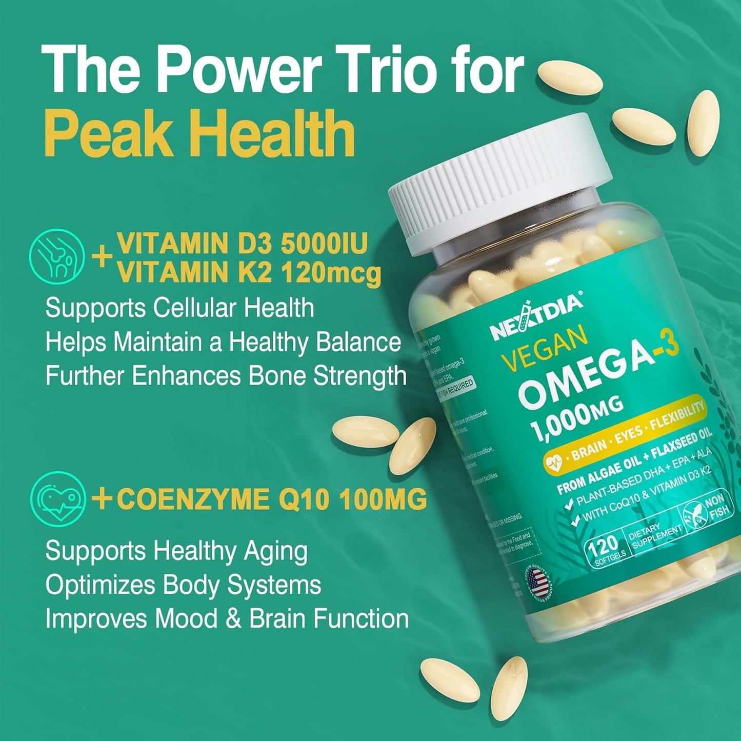 2 Pack Vegan Omega 3 D3 K2 CoQ10 Supplement, Plant Based DHA EPA ALA for Women Men, Omega 3 Organic Algae Flaxseed Oil Supplement for Bone, Brain, Eye & Immune Support, No Carrageenan, 240 Softgels
