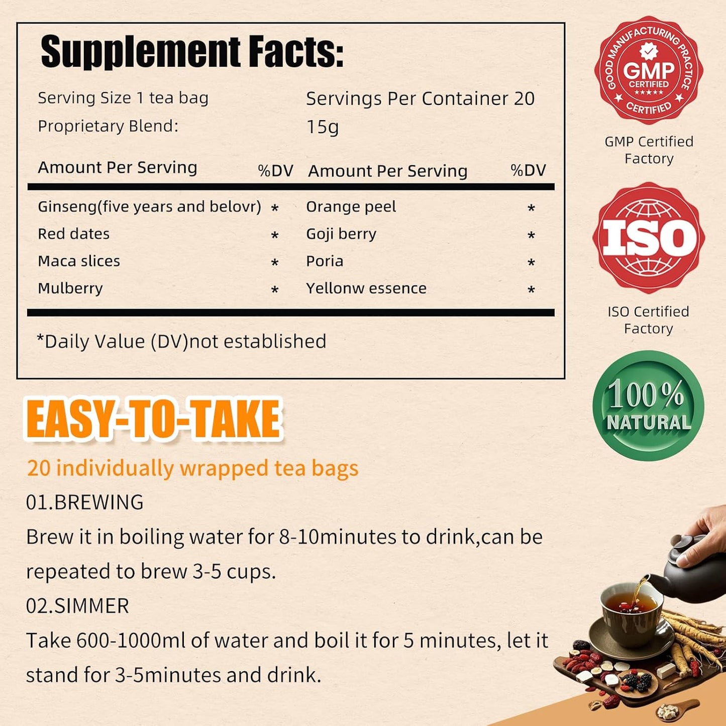 20 Pack Organic Ginseng Kidney Tea-Ginseng Six Treasure tea,Eight Natrual Herbs Blend Mulberry,Wolfberry-Traditional Chinese Herbal Kidney Tea Formula for Men & Women,100% Plant Base(300g/Bag)