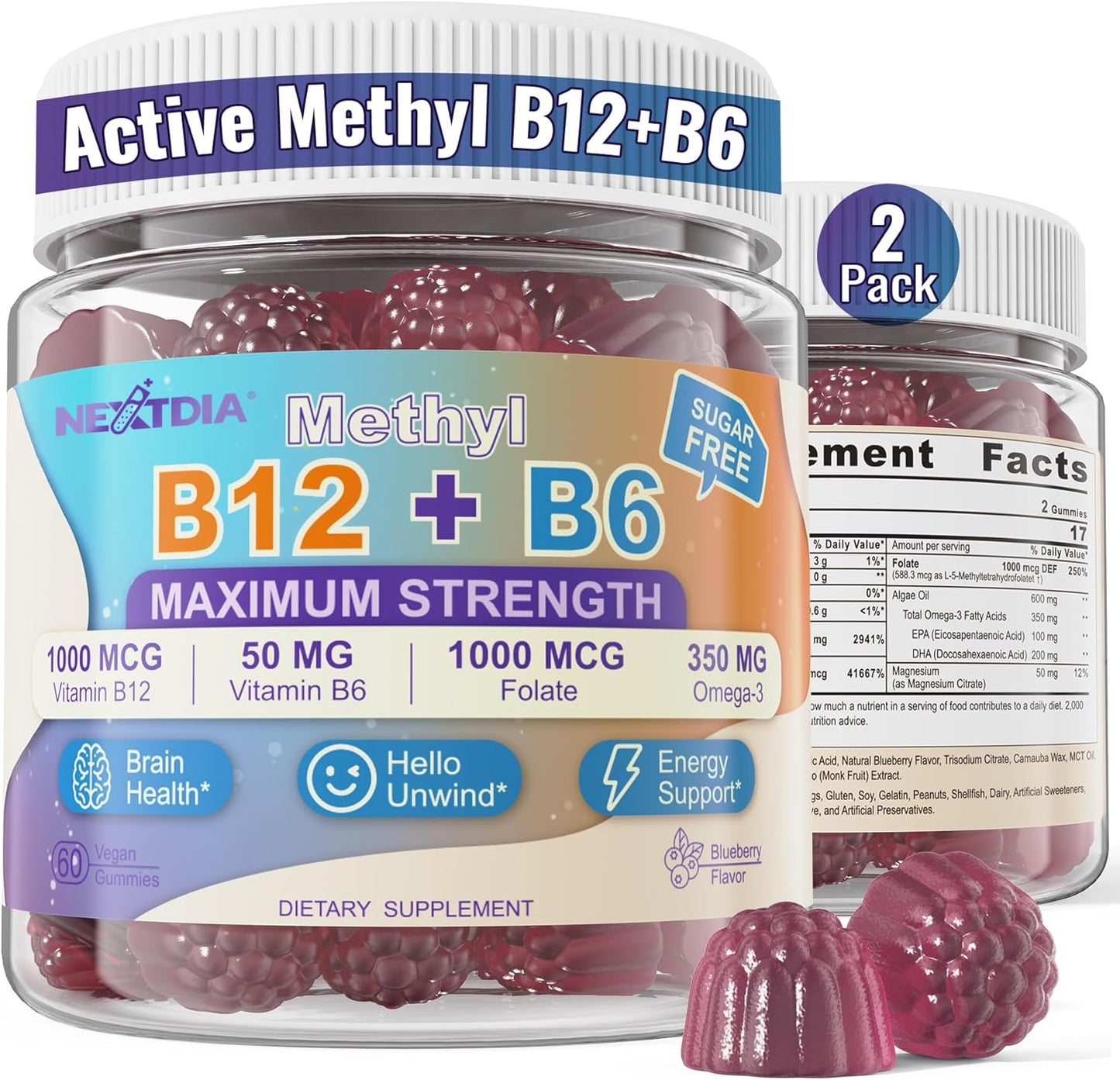 3-in-1 Methylated B Complex + Omega-3 Gummies With Vitamin B12 1000 mcg + Methylfolate 1000 mcg, B6 Vitamins for Energy, Mood & Brain - Sugar Free B Complex Vitamins for Women, Men, Vegan, 2 Pack