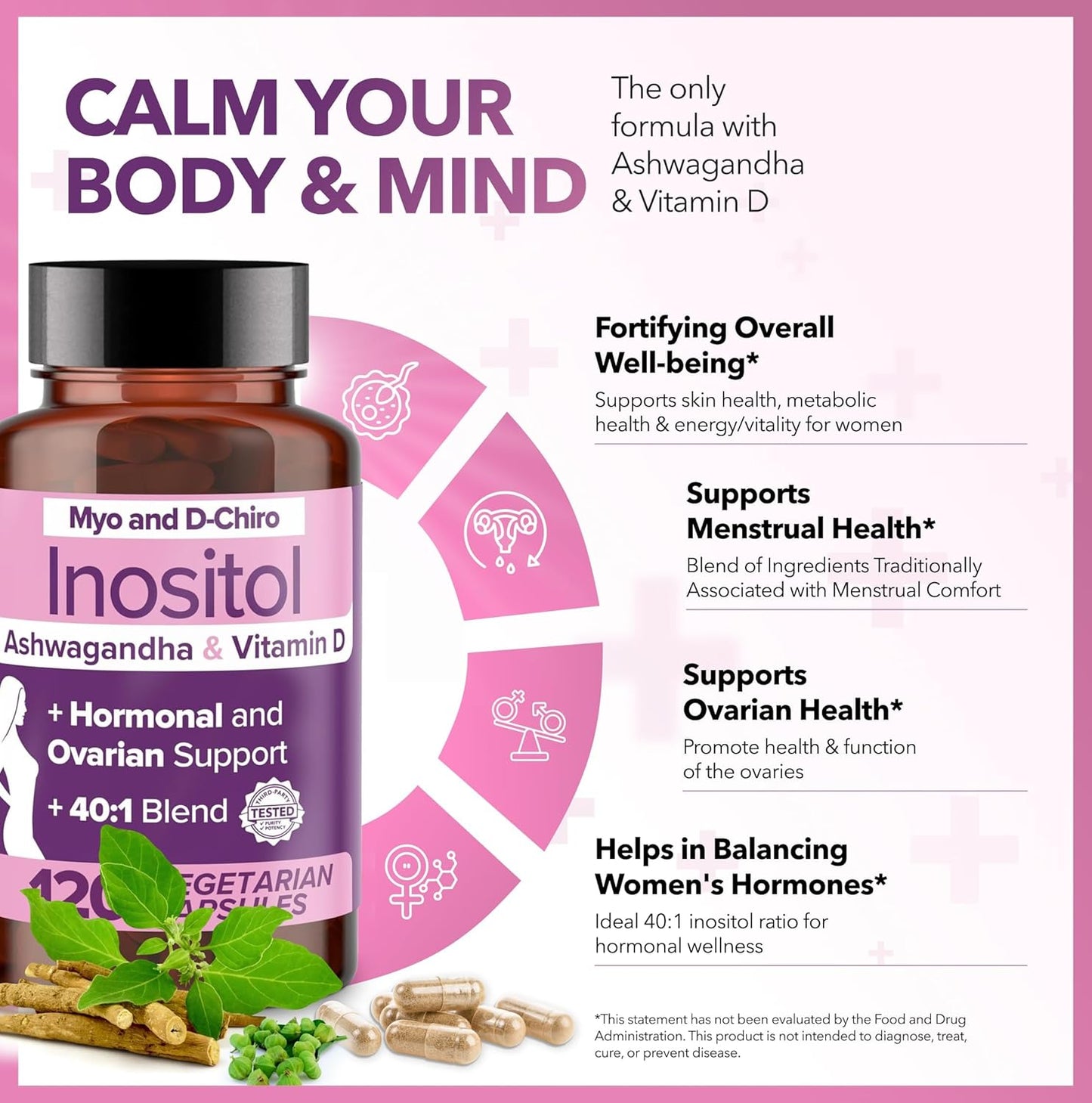 Intimate Rose Myo-Inositol & D-Chiro Inositol Blend - 40:1 Blend Ratio - Women's Daily Wellness Support - Vitamin D & Ashwagandha, 3 Bottles
