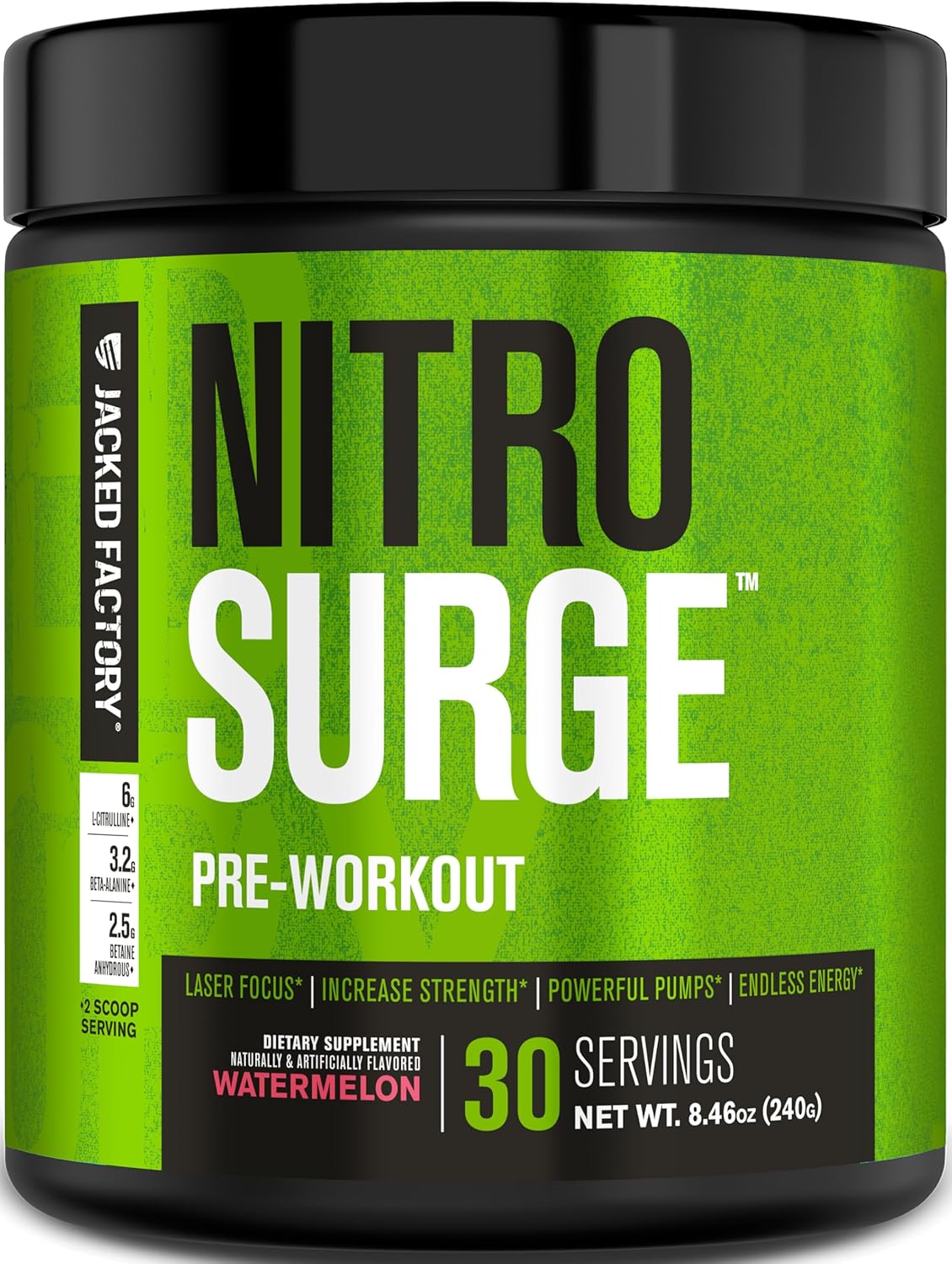 Jacked Factory NITROSURGE Pre Workout Supplement - Endless Energy, Instant Strength Gains, Clear Focus and Intense Pumps - NO Booster & Powerful Preworkout Energy Powder - 30 Servings, Watermelon