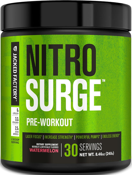 Jacked Factory NITROSURGE Pre Workout Supplement - Endless Energy, Instant Strength Gains, Clear Focus and Intense Pumps - NO Booster & Powerful Preworkout Energy Powder - 30 Servings, Watermelon