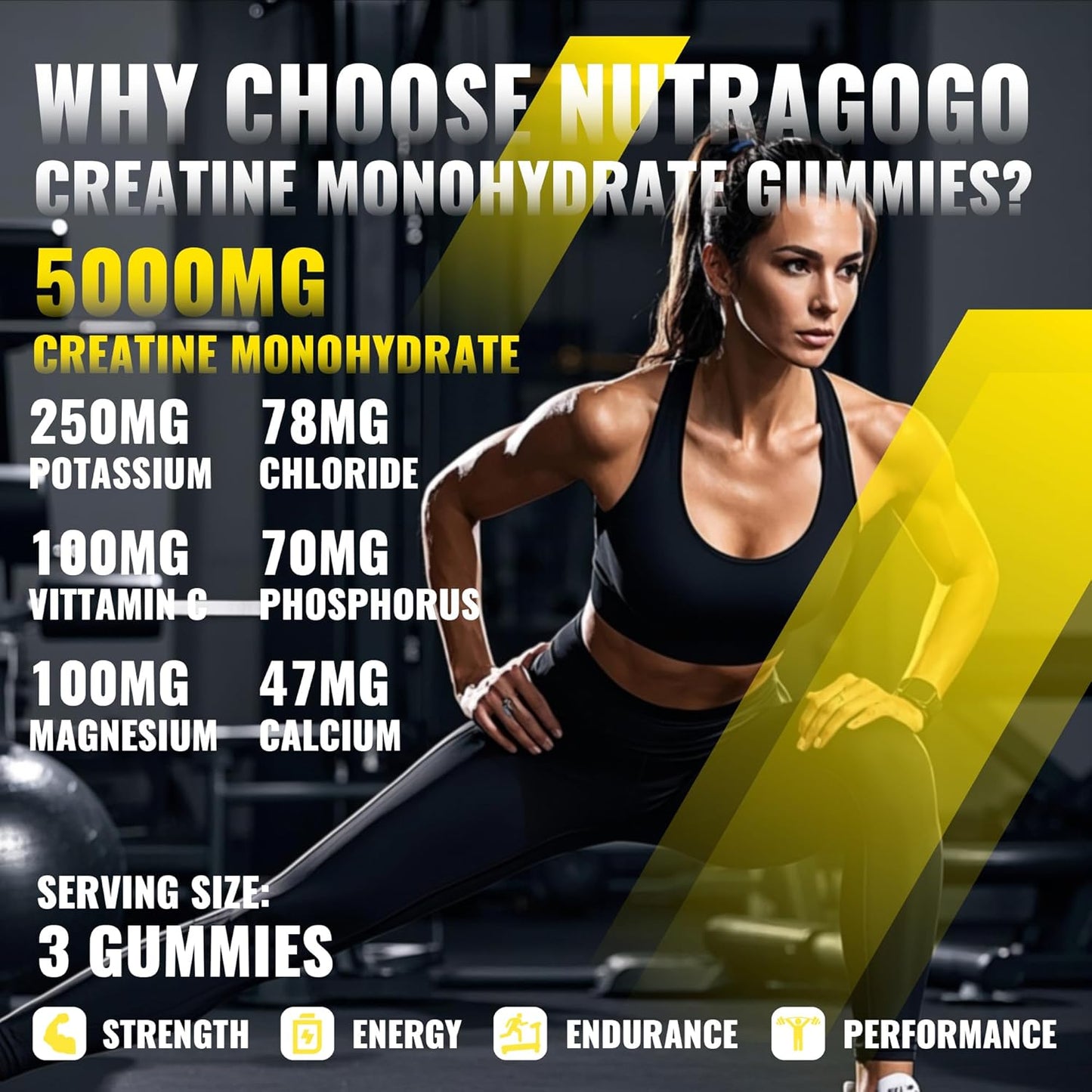 Creatine Monohydrate Gummies for Men & Women-5g of Creatine Monohydrate per Serving - Sugar Free,Vegan, Pineapple Electrolyte Chews, 135 Count