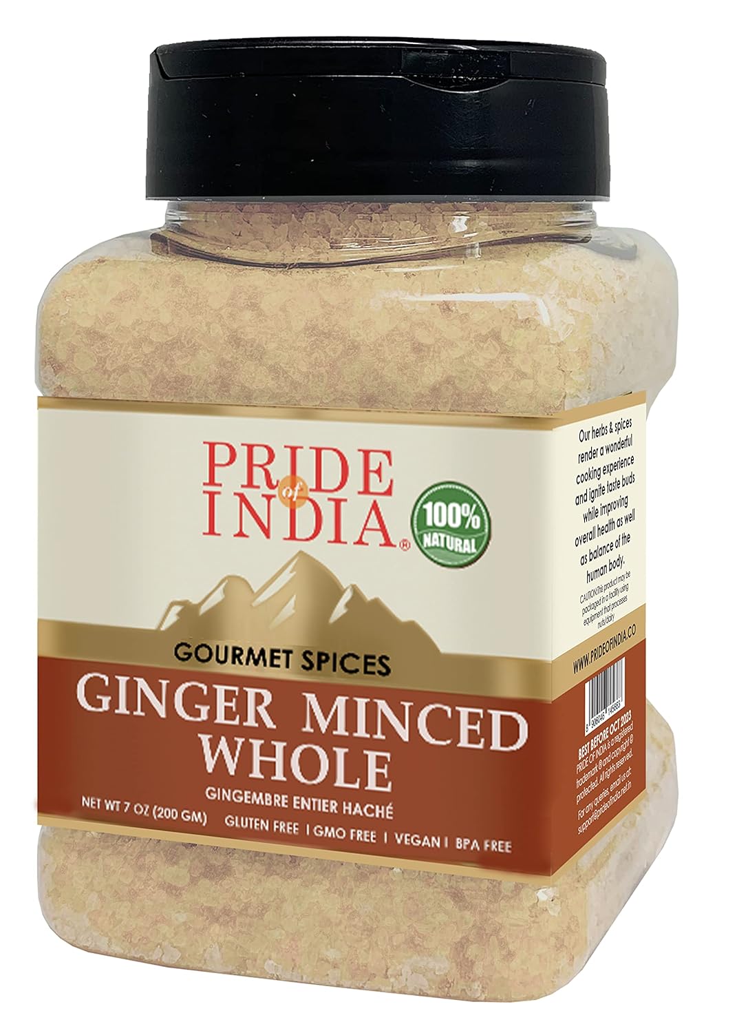 Pride of India – Ginger Minced Whole – Gourmet Spice – Rich in Antioxidant – Potent Flavor - Great for Adding Flavor to Stir Fries & Sauces – Easy to Store – 7 oz. Medium Dual Sifter Jar
