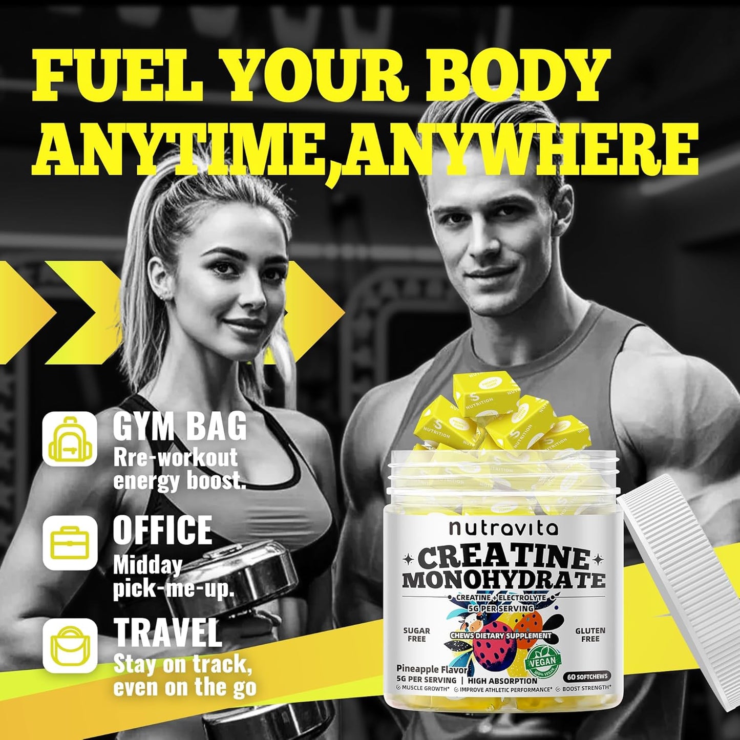 Creatine Monohydrate Chews (5g) – Pre-Workout Energy & Muscle Growth Support for Men & Women | Pineapple Electrolyte Gummies (60 Count)