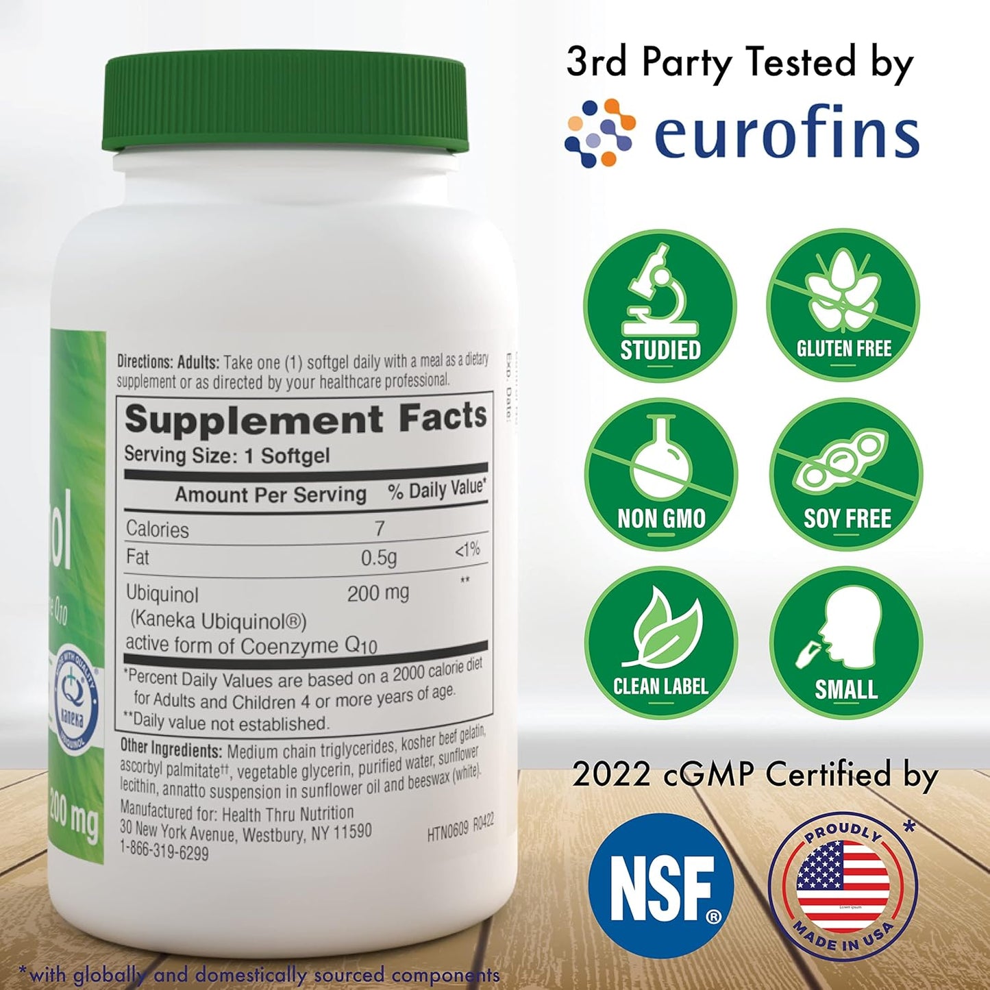 Health Thru Nutrition Ubiquinol 200mg 90 Softgels as Kaneka QH Reduced CoQ-10 | Stabilized - 3rd Party Tested | Enhanced Bioavailability | Cardiovascular & Mitochondria Function Support | Non-GMO
