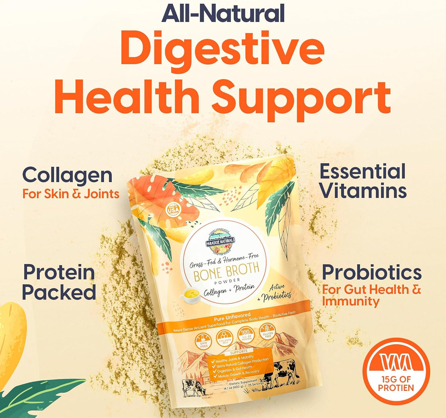 100% Grass-Fed Natural Beef Bone Broth Powder + Active Probiotics, Collagen, 15g Protein, Non-GMO, Low Sodium, Gut Health, Paleo, Keto, Gluten-Free, for Healthy Skin, Hair, Joints