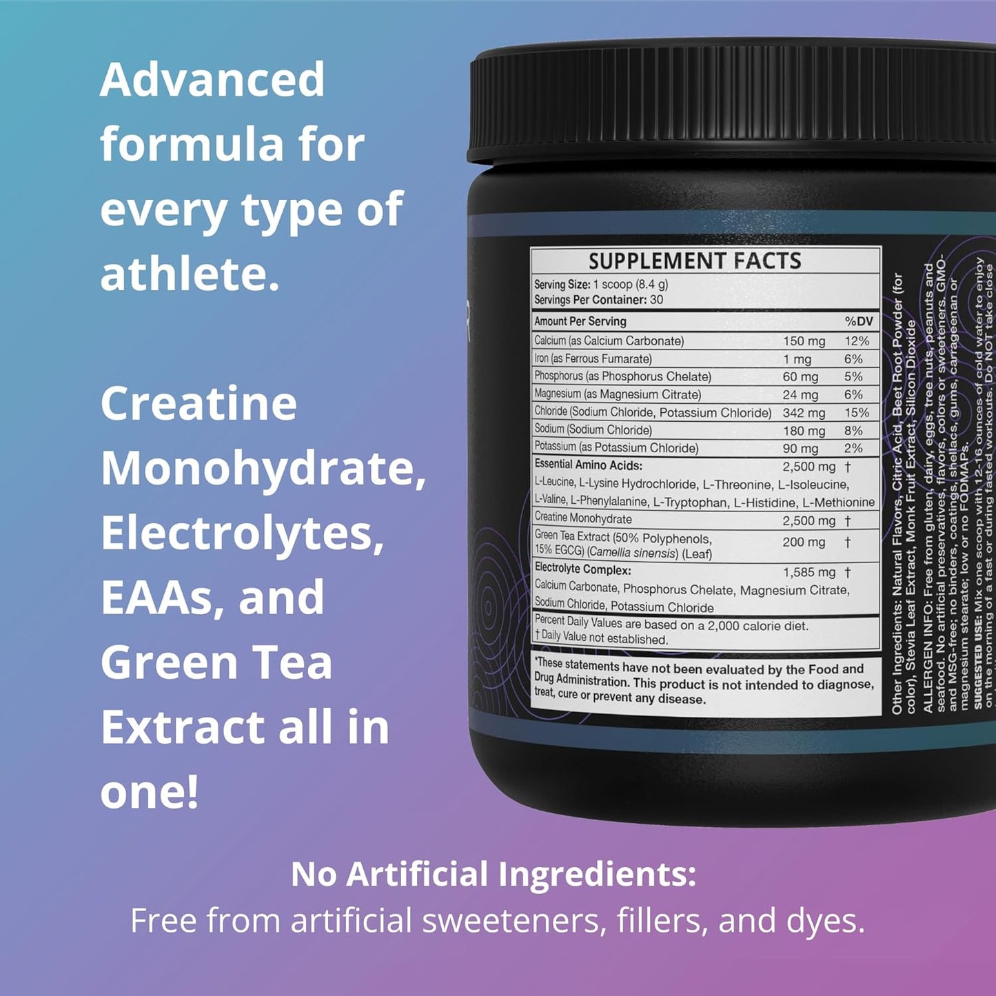 Fast Fasting Electrolyte Powder | with Creatine, Essential Amino Acids & Green Tea Extract | No Sugar, No Artificial Sweeteners or Ingredients | Watermelon Flavor 30 Servings