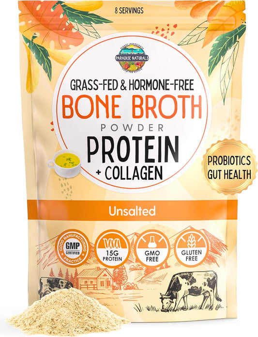 100% Grass-Fed Natural Beef Bone Broth Powder + Active Probiotics, Collagen, 15g Protein, Non-GMO, Low Sodium, Gut Health, Paleo, Keto, Gluten-Free, for Healthy Skin, Hair, Joints