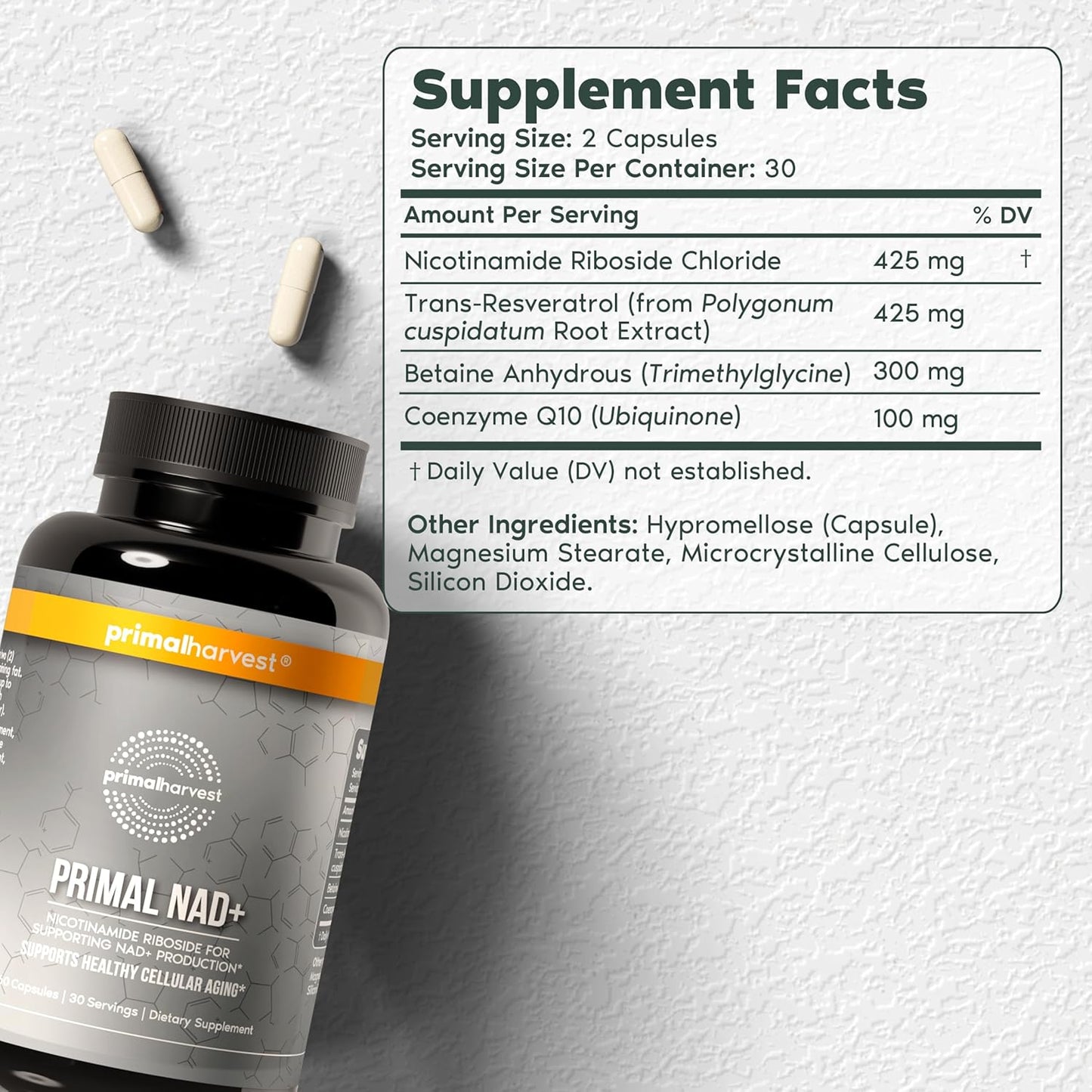 Primal Harvest NAD+ Supplement: Nicotinamide Riboside, Trans-Resveratrol, Betaine, CoQ10, NAD Supplements for Cellular Health, Energy, and Mitochondrial Support (60 Count (1 Pack))