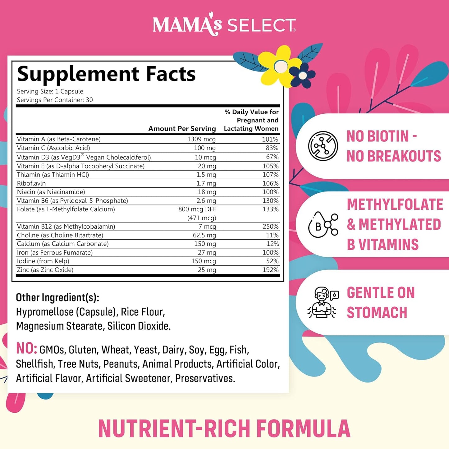 Mama's Select Prenatal Vitamins for Women – Allergen-Free, MTHFR Friendly, Methylated Folate & B Vitamins, Easy-to-Digest, Supports Fetal Development, Once Daily, Vegan, No Biotin