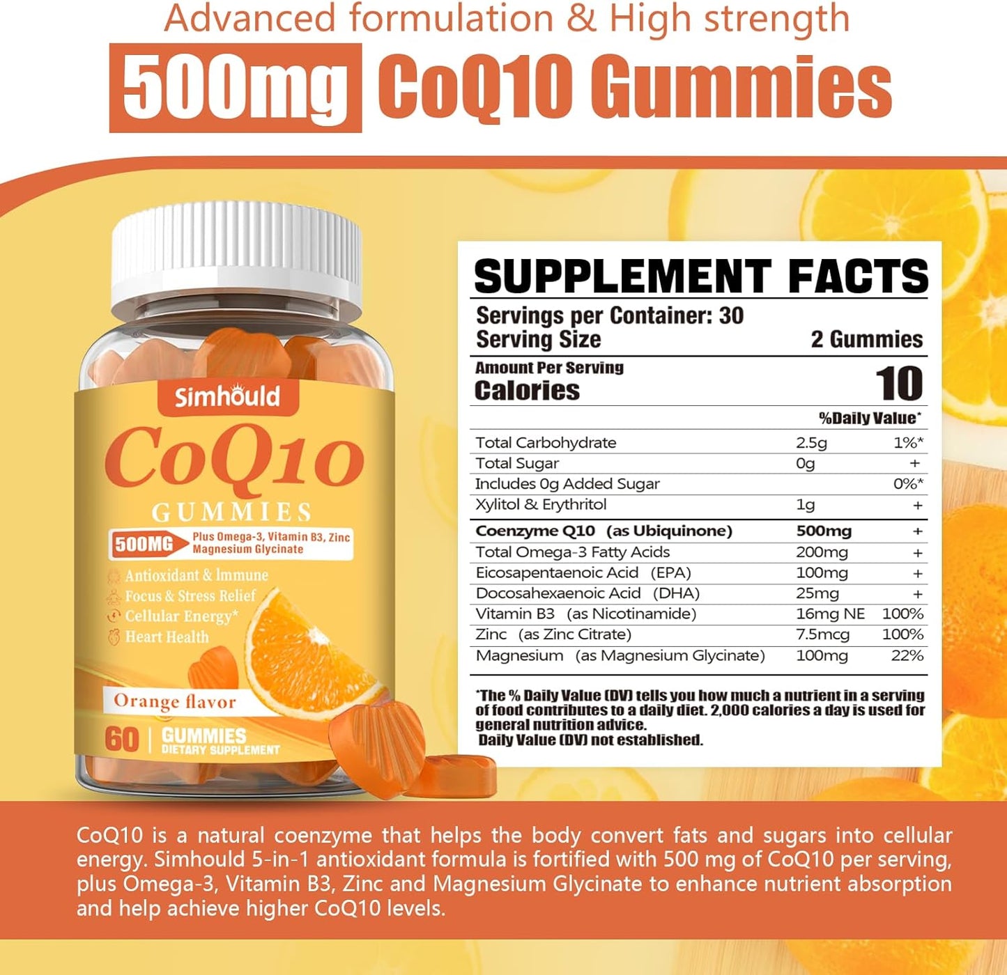 1 Pack CoQ10 500MG Gummies - Plus Omega-3, Magnesium, Vitamin B3 & Zinc - 3X Better Absorption Coenzyme Q10 Supplements for Heart Health, Cellular Energy & Antioxidant, Non-GMO 60 Counts