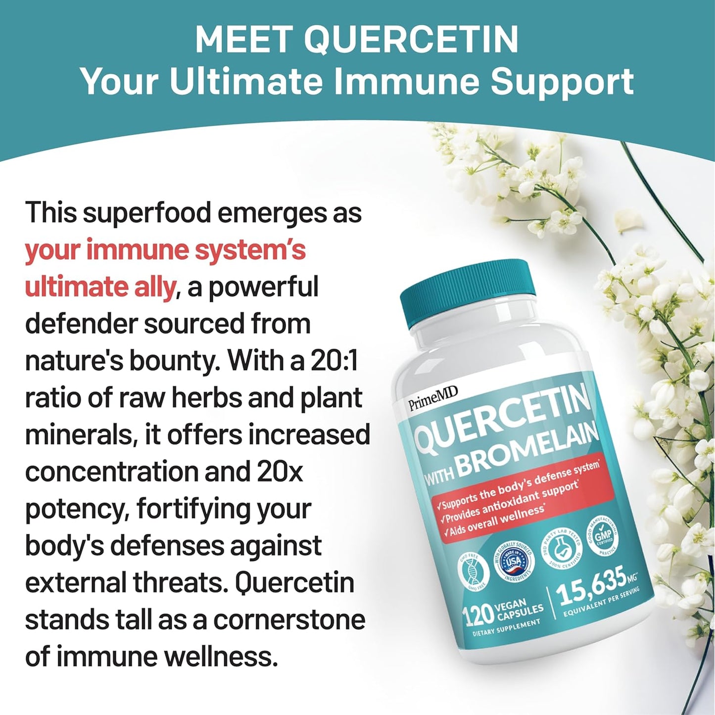 28-in-1 Quercetin with Bromelain Supplement - Quercetin 500mg Capsules for Daily Immune Defense Support - Quercetin with Vitamin C and Zinc for Adults Enriched with Vitamin D (120 ct, Pack of 2)