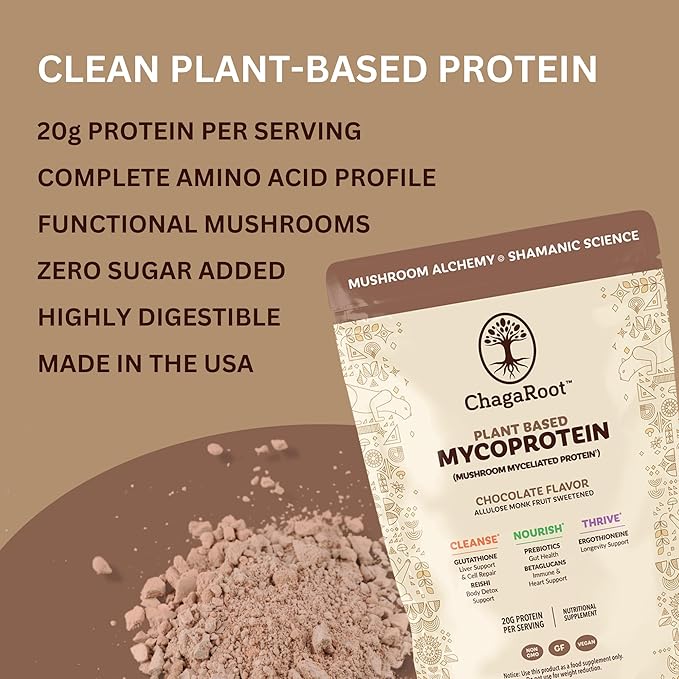 Mycoprotein Mushroom Protein Powder, Chocolate Flavor, 20g Plant Based Protein per Serving, Reishi, Chaga, Lions Mane, Shiitake, Turkey Tail, Vegan, Gluten Free, Coffee, Smoothies, 1.76 lb