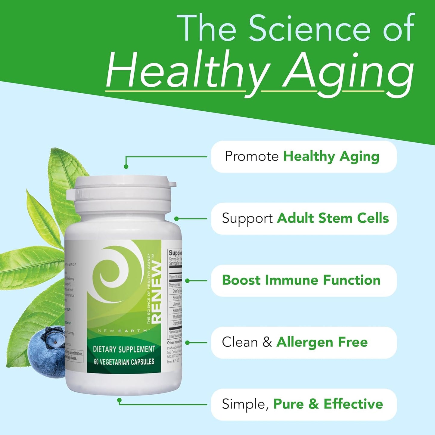 New Earth Renew - Support Cellular Health & Healthy Aging | Stem Cell Support Supplement with Antioxidants & Superfoods - 60 Capsules