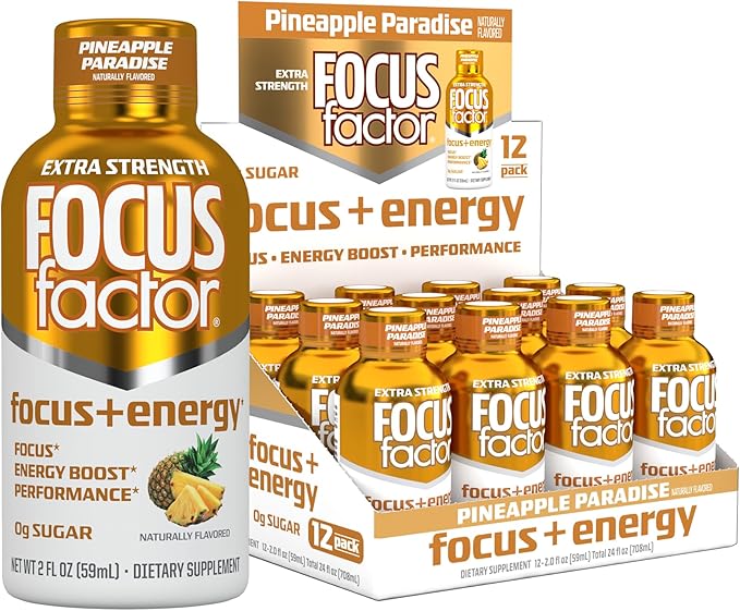 Focus Factor Extra Strength Focus + Energy Shots - 12 x 2oz Bottles (Pineapple Paradise Flavor) - Powered by Nootropics with Caffeine, L-Theanine, Ginkgo, Bacopa, L-Tyrosine, Alpha GPC