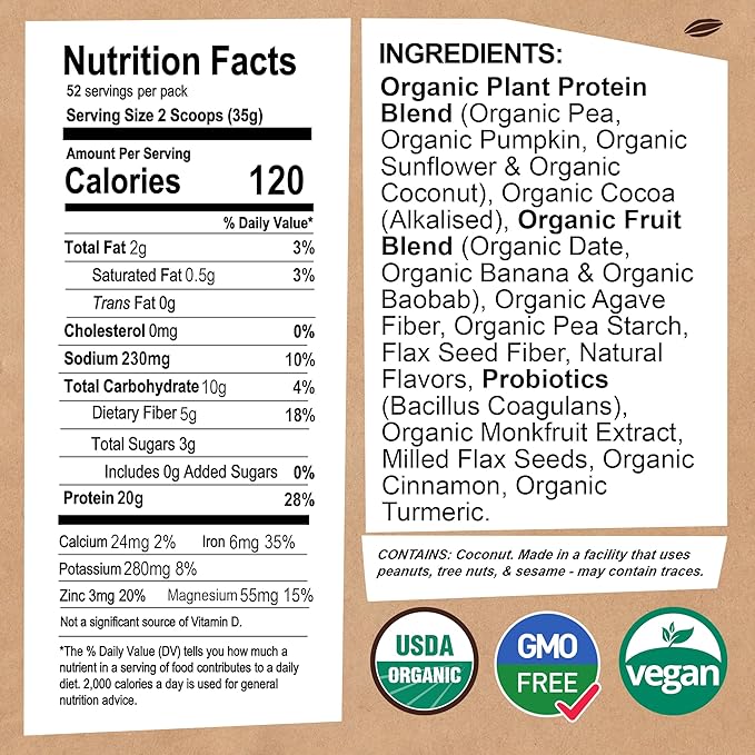 EarthChimp Organic Vegan Protein Powder - with Probiotics - Non GMO, Dairy Free, Non Whey, Plant Based Protein Powder for Women and Men, Gluten Free - 52 Servings, 64 Oz (Chocolate)