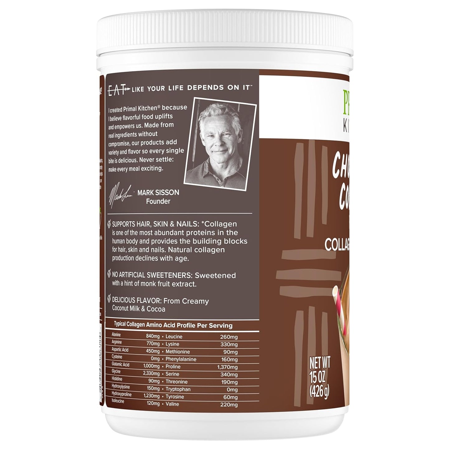 Primal Kitchen Chocolate Collagen Fuel® Drink Mix, Chocolate Coconut Collagen Peptides, No Dairy or Artificial Sweeteners, 15 Ounces