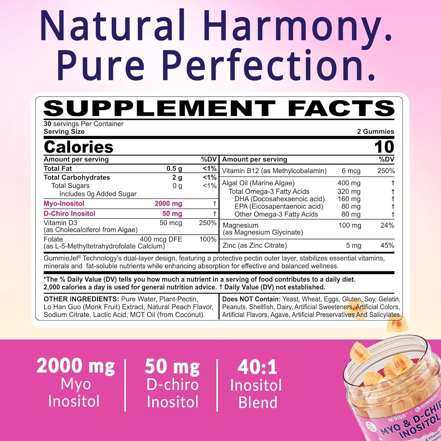 2 Pack Myo-Inositol & D-Chiro Inositol, Hormone Balance for Women | Sugar Free Inositol Gummies w/Omega 3, MTHF Folate, Vitamin D3, B12, Magnesium & Zinc for Ovarian Health, Ideal 40:1 Ratio, Vegan
