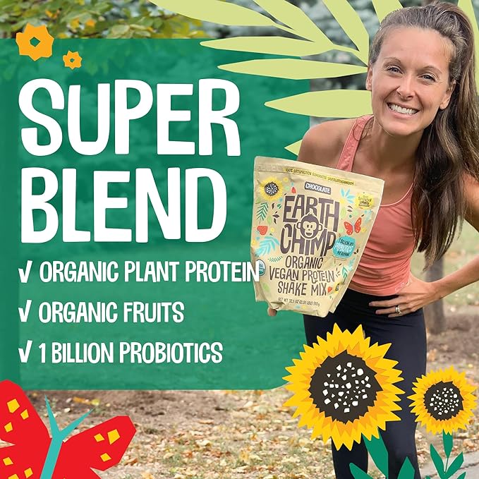 EarthChimp Organic Vegan Protein Powder - with Probiotics - Non GMO, Dairy Free, Non Whey, Plant Based Protein Powder for Women and Men, Gluten Free - 52 Servings 64 Oz (Chocolate) No Scoop