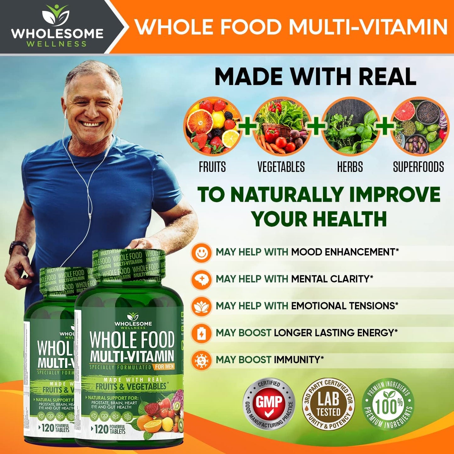 Wholesome Wellness Whole Food Multivitamin for Men - Natural Multi Vitamins, Minerals, Organic Extracts - Vegan Vegetarian - 120 Tablets