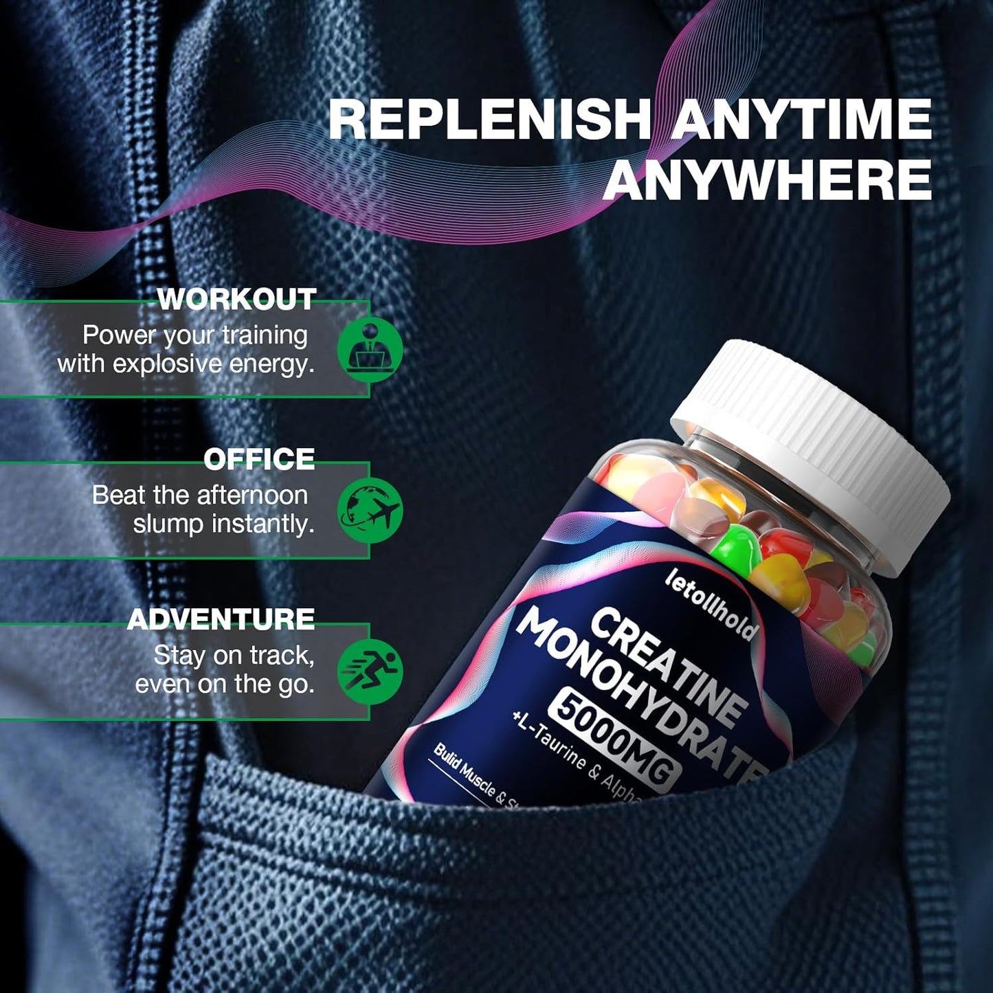 Creatine Monohydrate Gummies 5g for Women & Men - Creatine Gummies for Women Pre Workout Chewables with L-Taurine & Alpha GPC, Sugar-Free Muscle Builder, Vegan Non-GMO, Energy Boost(80 Count)