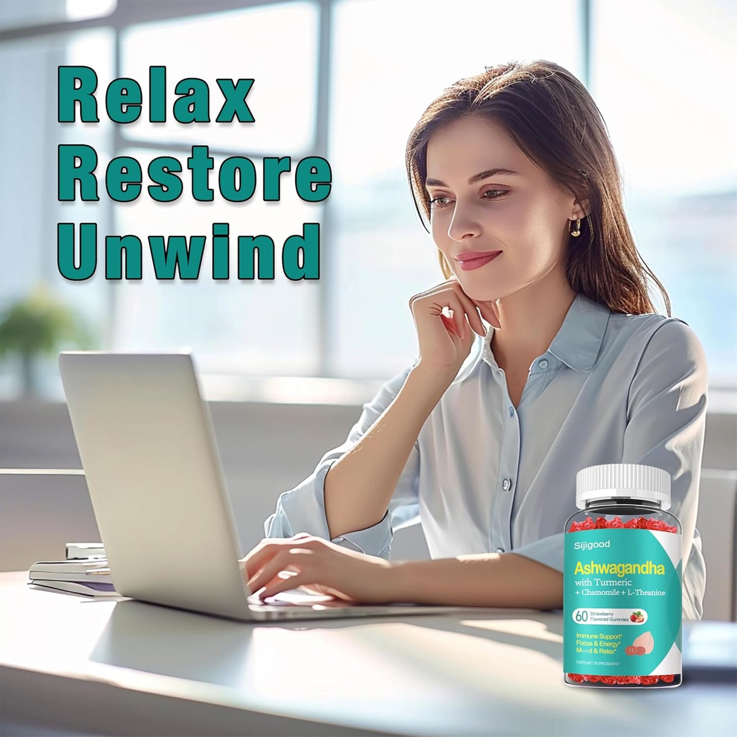 2 Pack Ashwagandha Gummies with L-theanine, Ashwa Root Supplement Gummy for Women Men, 120 Strawberry Flavored Gummies