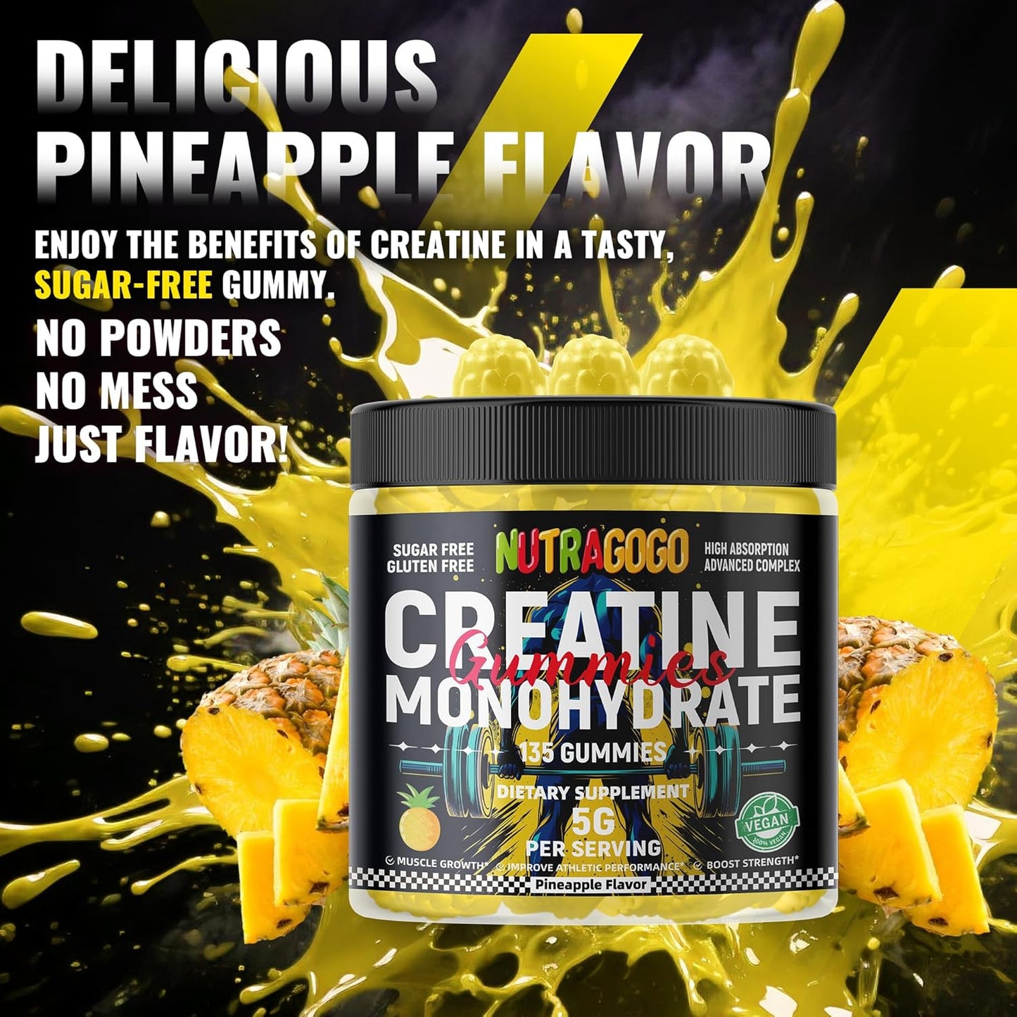 Creatine Monohydrate Gummies for Men & Women-5g of Creatine Monohydrate per Serving - Sugar Free,Vegan, Pineapple Electrolyte Chews, 135 Count