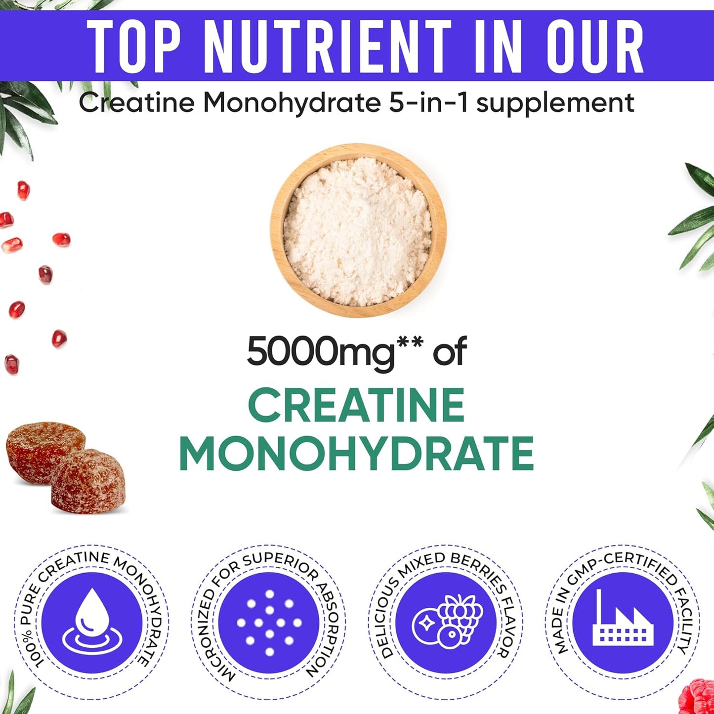 Adndale Creatine Monohydrate Gummies for Men & Women, 5000mg per Serving Creatine Supplement with Beta-Alanine, L-Citrulline & B12 - Supports Strength and Energy - 75 Vegan Gummies, Sugar-Free