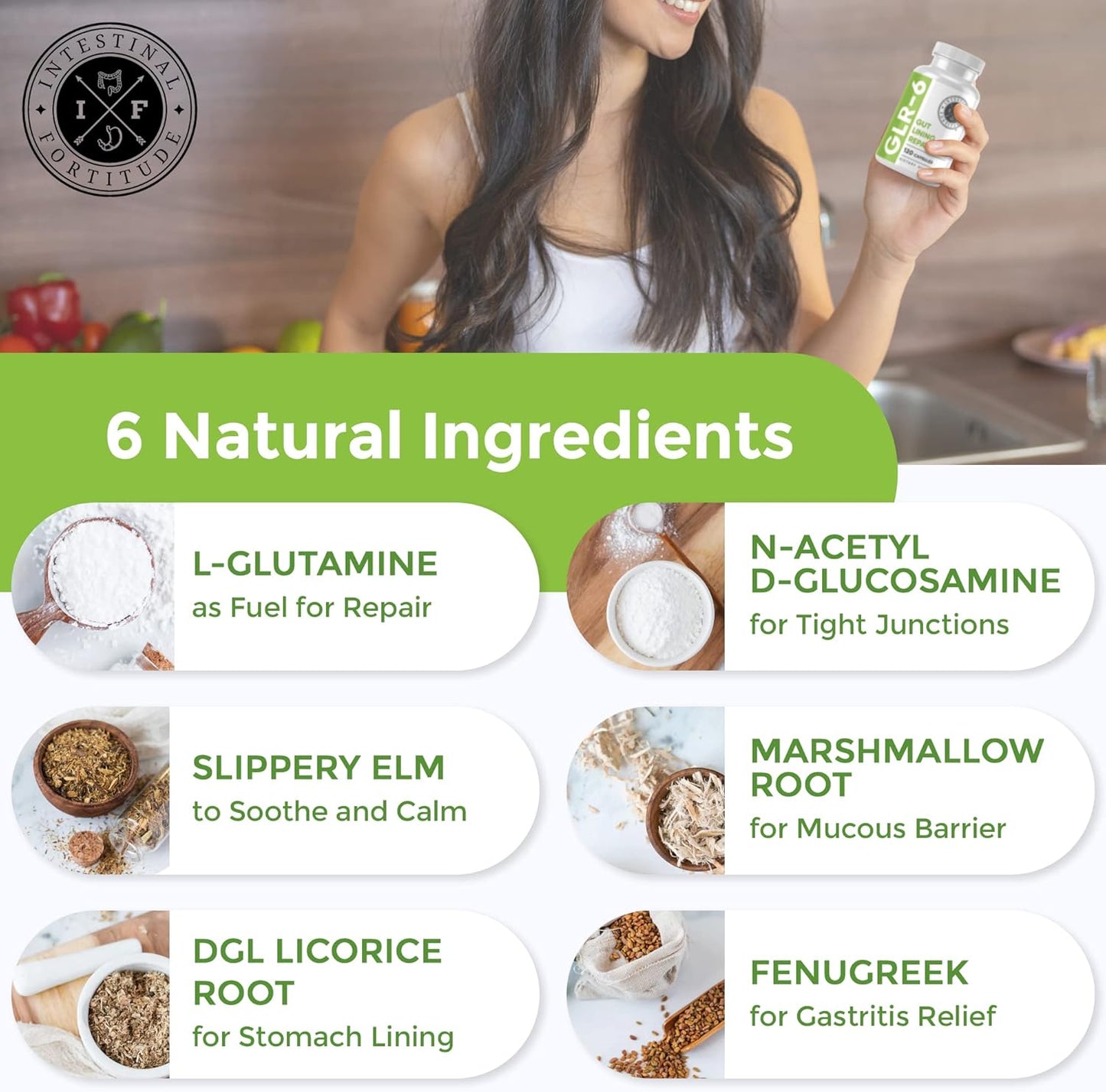 Intestinal Fortitude GLR-6 - Gut Lining Repair Supplement for Gut Health - Leaky Gut Repair with L-Glutamine, Slippery Elm, DGL Licorice Root, Marshmallow Root, Fenugreek - IBS, IBD, GERD - Vegan