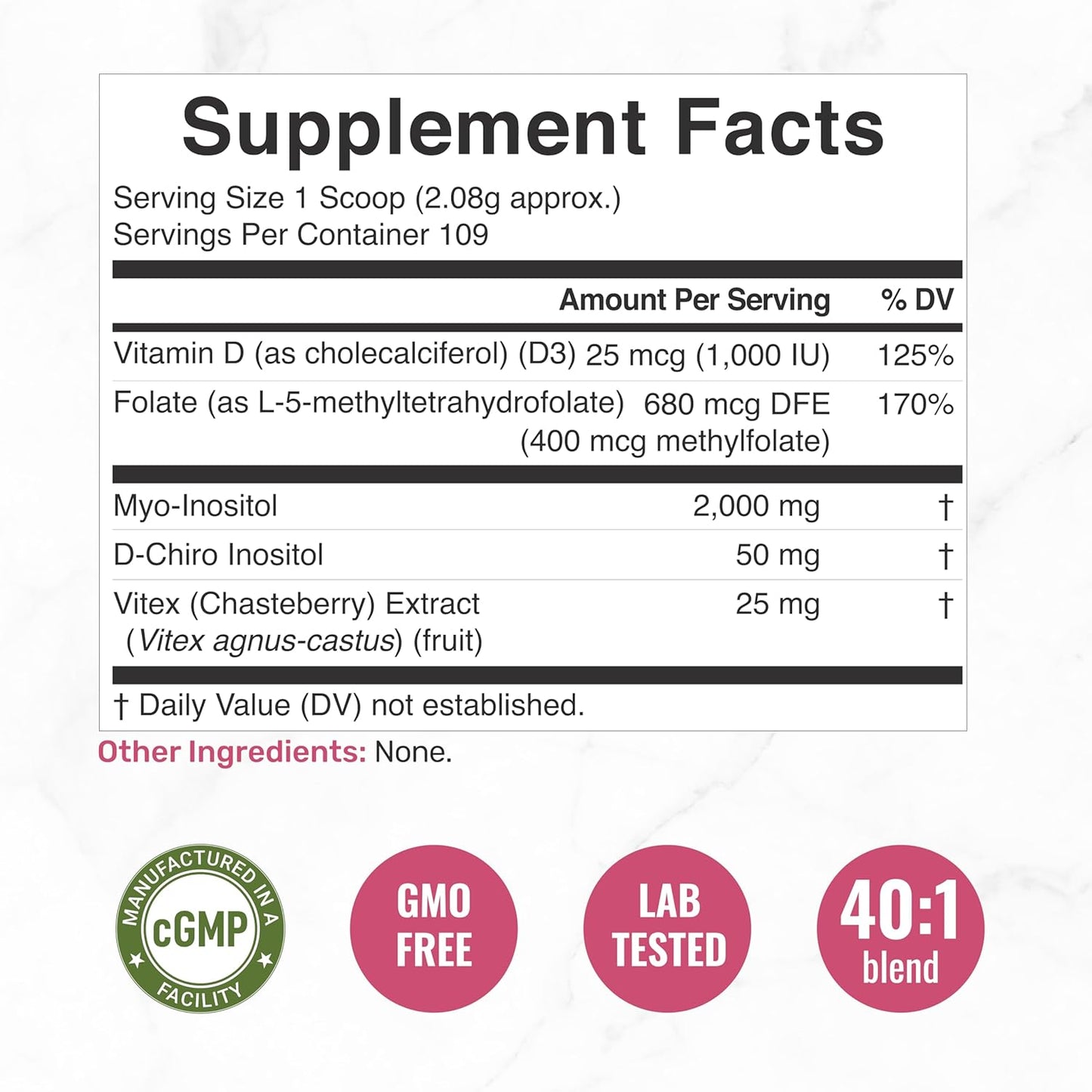 Myo-Inositol & D-Chiro Inositol Supplement for Women (40:1) | 2,050mg Per Serving | 8oz Powder | with Methylfolate, Vitamin D3, & Vitex | Hormonal Balance & Cycle Support | Non-GMO