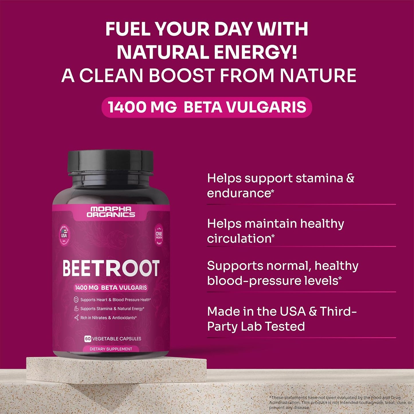 Organic Beet Root Capsules - 1400mg Beetroot Powder for Natural Energy & Endurance Support, Non-GMO, Made in The USA, Beet Supplement - 60 Capsules, 30-Day Supply