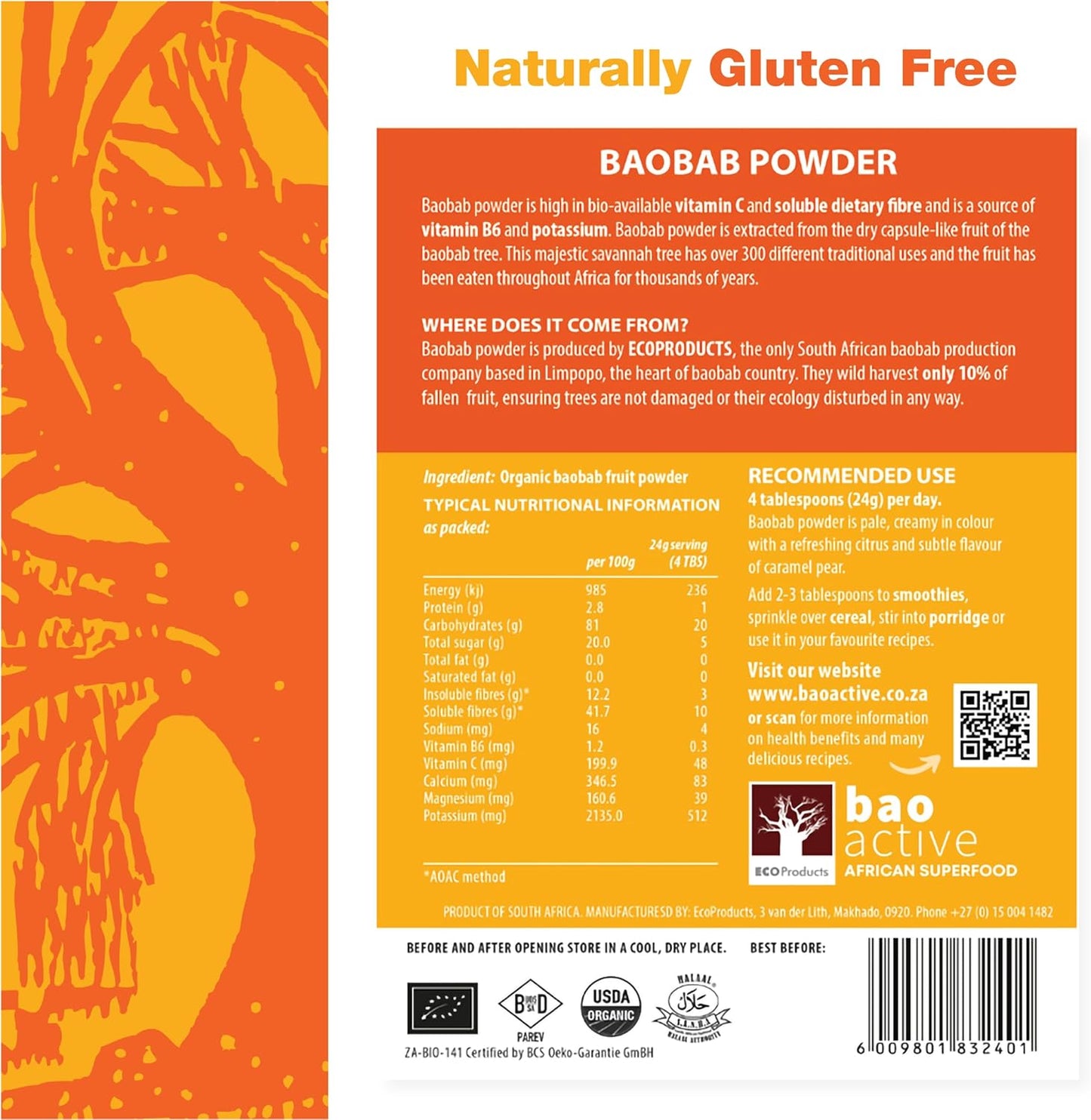 100% Organic Baobab Powder 120 Capsules | Direct from South Africa | USDA Organic Certified