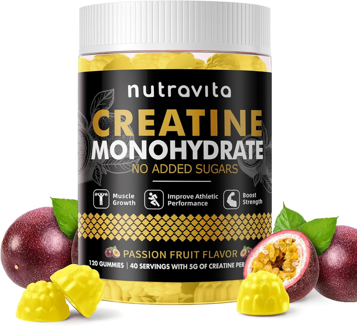 Creatine Monohydrate Gummies for Men & Women-5g of Creatine Monohydrate per Serving - Sugar Free,Vegan, Passion Fruit Flavor, 120 Count