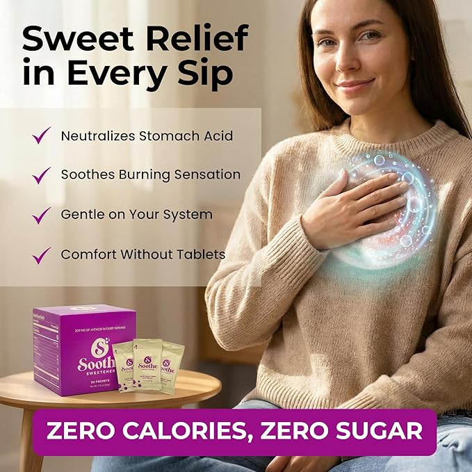 Sweet Relief Soothe Natural Antacids for Acid Reflux - Calcium Carbonate Heartburn Relief, Zero Calorie Sweetener, Beverage Enhancer (50 Count)