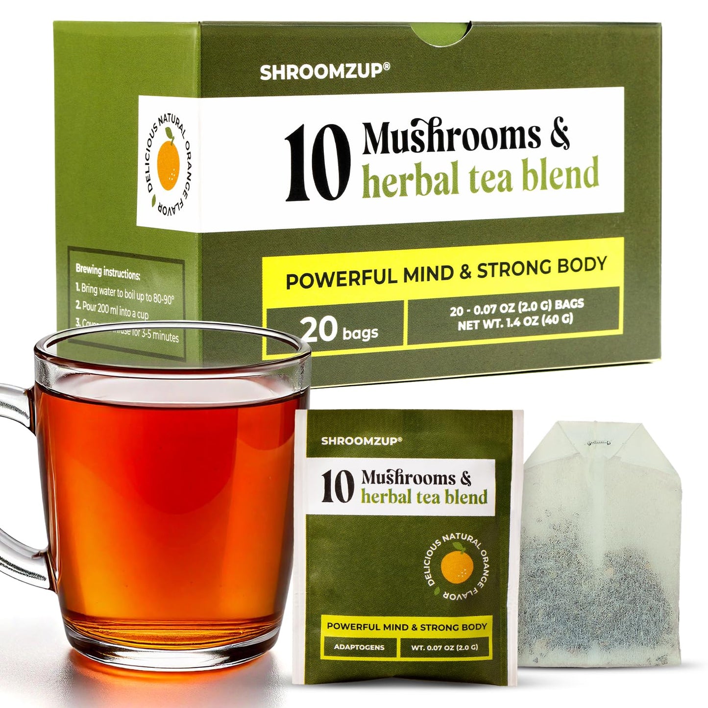 20 in 1 Mushroom Tea with Lion’s Mane, Ashwagandha, Cordyceps, Reishi, Chaga, Ginkgo Biloba, Green Tea for Better Energy and Focus - Caffeine Free Adaptogenic Tea for Wellness - 20 Tea Bags
