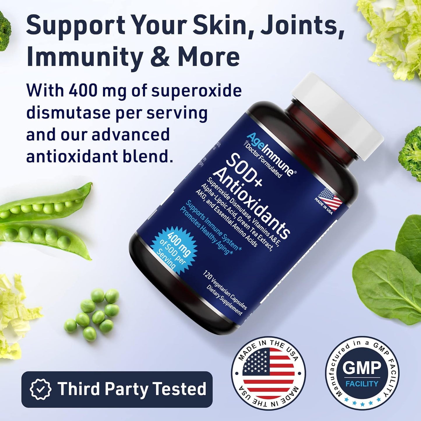 SOD Antioxidants Complex Healthy Aging Supplement - 400mg of Superoxide Dismutase - Alpha Lipoic Acid - Green Tea Extract - L-Arginine - Lysine - AKG - Vitamins A and E for Immune Support-120 Capsules