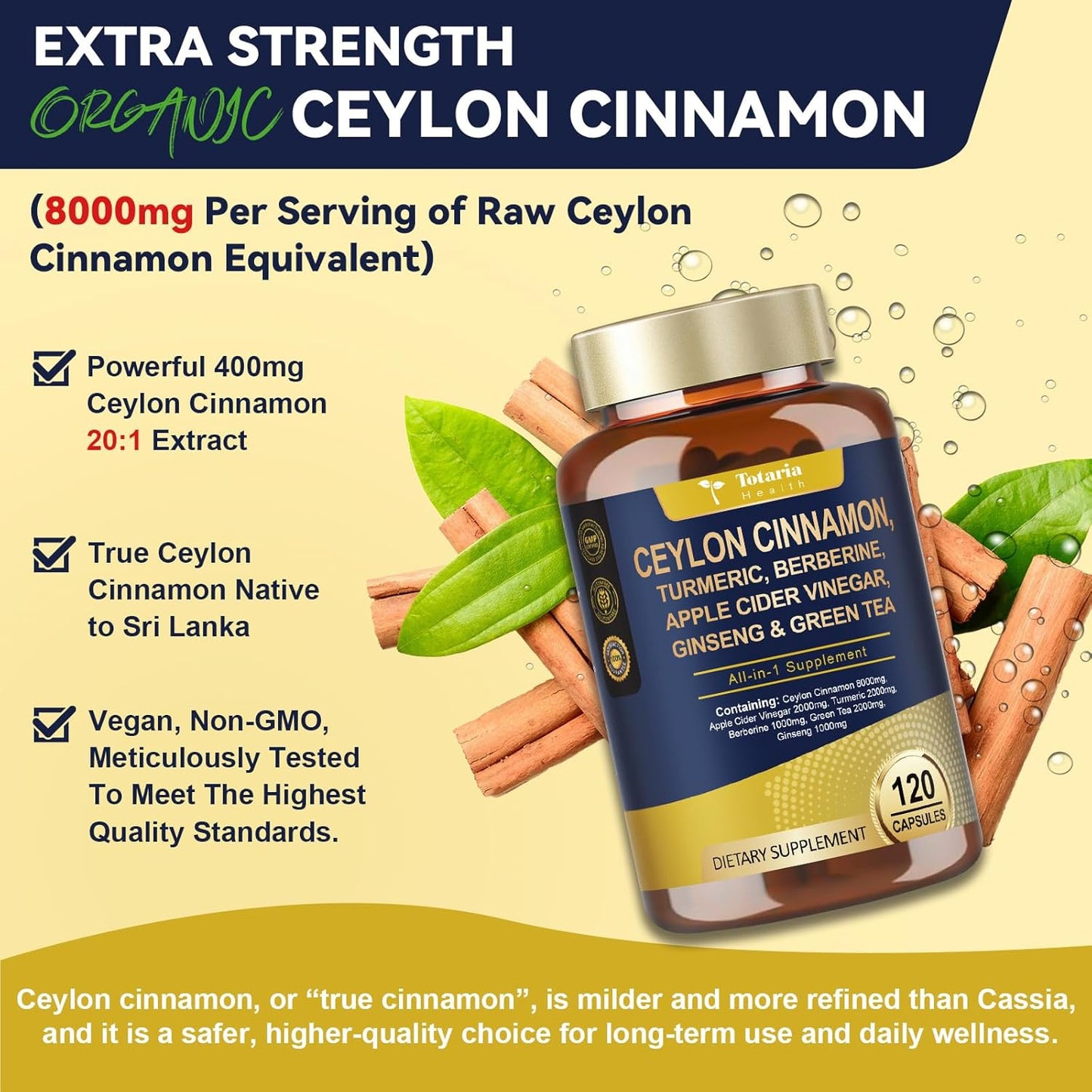 18-in-1 Organic Ceylon Cinnamon Capsules with Berberine, Ceylon Cinnamon Supplement w/Apple Cider Vinegar Turmeric Bitter Melon Milk Thistle, for Metabolism, Energy, Heart*, 120 Counts