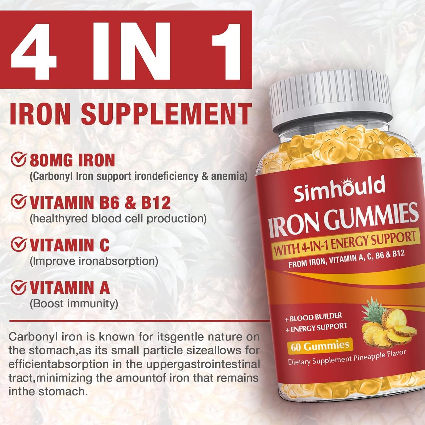 2 Pack Vegan 80MG Iron Supplement Gummies for Women & Men - Vitamin A, C, B for Adults & Kids - Blood & Builder & Energy Support for Iron Deficiency, Anemia, 120 Counts Pineapple Flavor Gummies