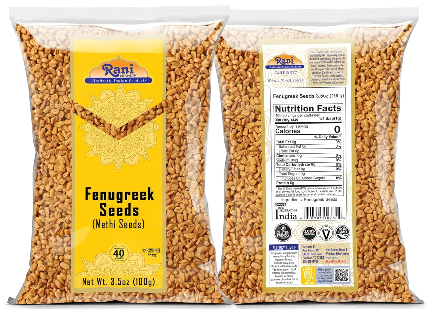 Rani Fenugreek (Methi) Seeds Whole 3.5oz (100g) Trigonella foenum graecum ~ All Natural | Vegan | Gluten Friendly | Non-GMO | Kosher | Indian Origin, used in cooking & Ayurvedic spice
