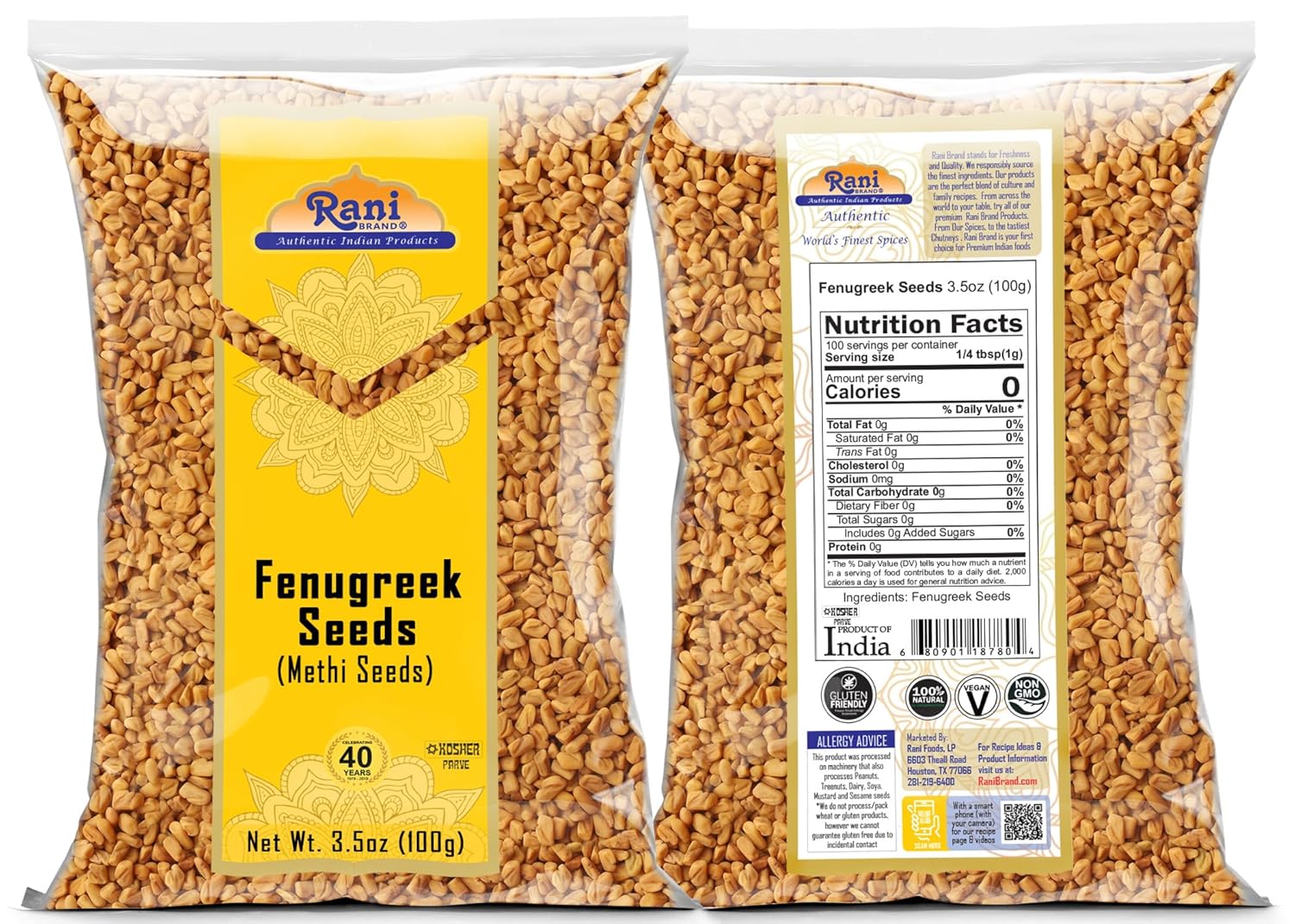 Rani Fenugreek (Methi) Seeds Whole 3.5oz (100g) Trigonella foenum graecum ~ All Natural | Vegan | Gluten Friendly | Non-GMO | Kosher | Indian Origin, used in cooking & Ayurvedic spice