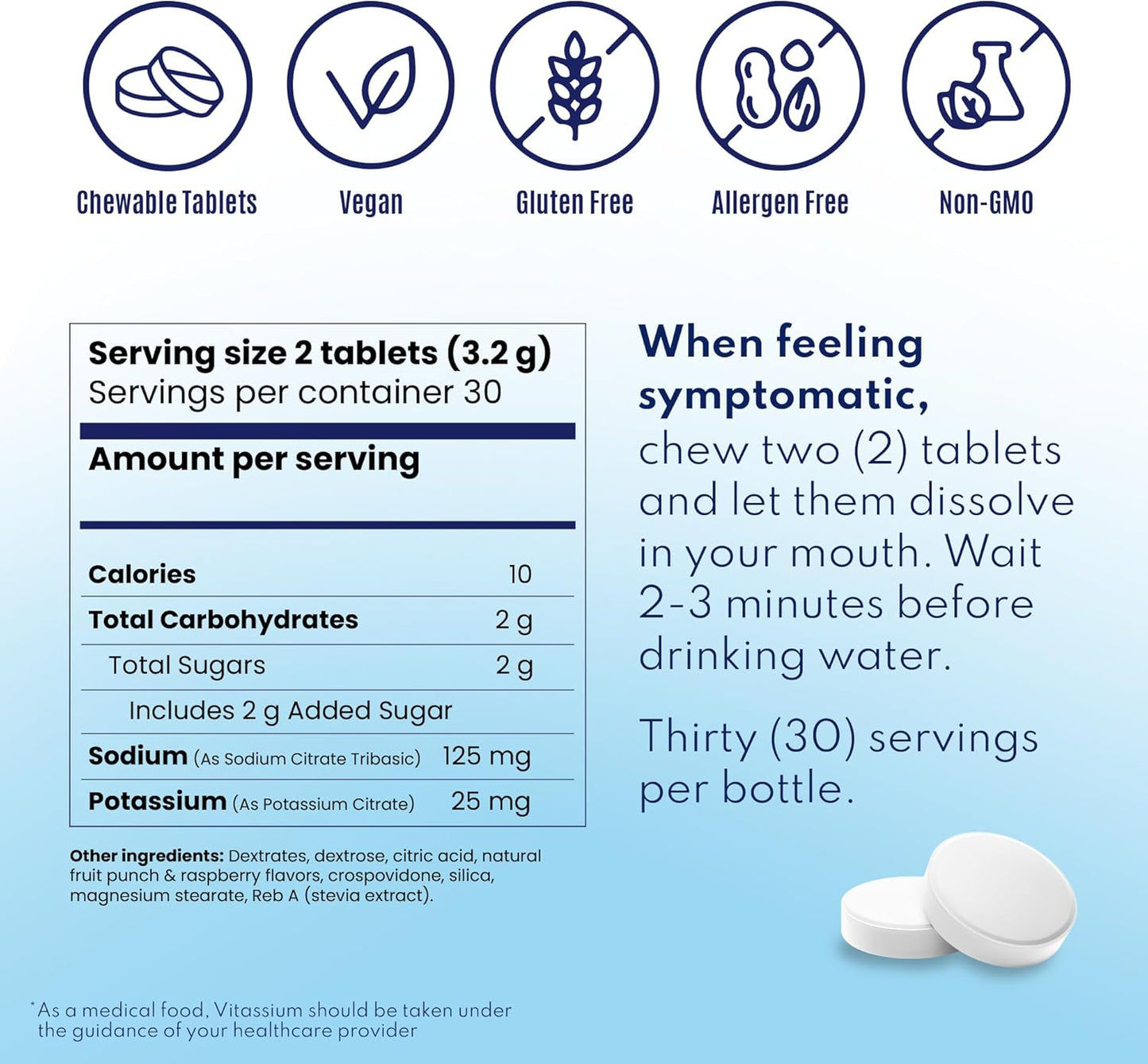 Vitassium FastChews, Chewable Electrolyte Tablets for Management of POTS and High Sodium Diets, Fast-Acting Sodium Tablets, Fruit Punch, 60 Count