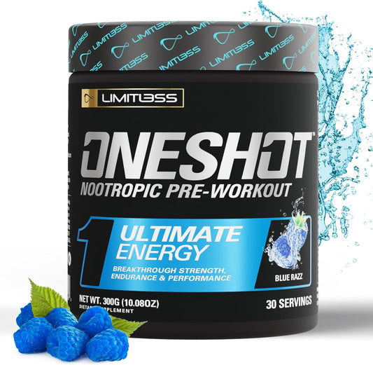 Oneshot Pre Workout Powder for Men and Women - BCAAS Amino Acids Supplement Powder, 200mg Caffeine, Beta Alanine Powder, Citrulline Malate Preworkout Powder - Blue Razz - 30 Servings