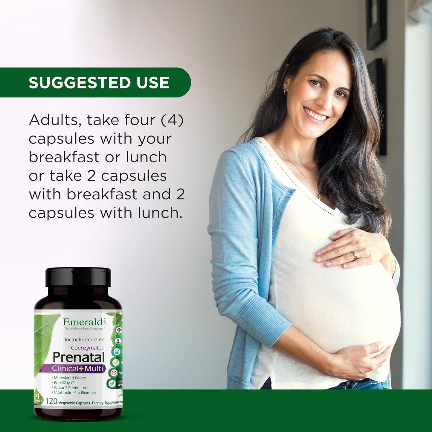 EMERALD LABS Prenatal Clinical Multi - Prenatal Multivitamin with Methylfolate, Albion Chelated Gentle Iron, Whole-Food Ingredients & More - Soy & Gluten-Free - 120 Vegetable Capsules (30-Day Supply)