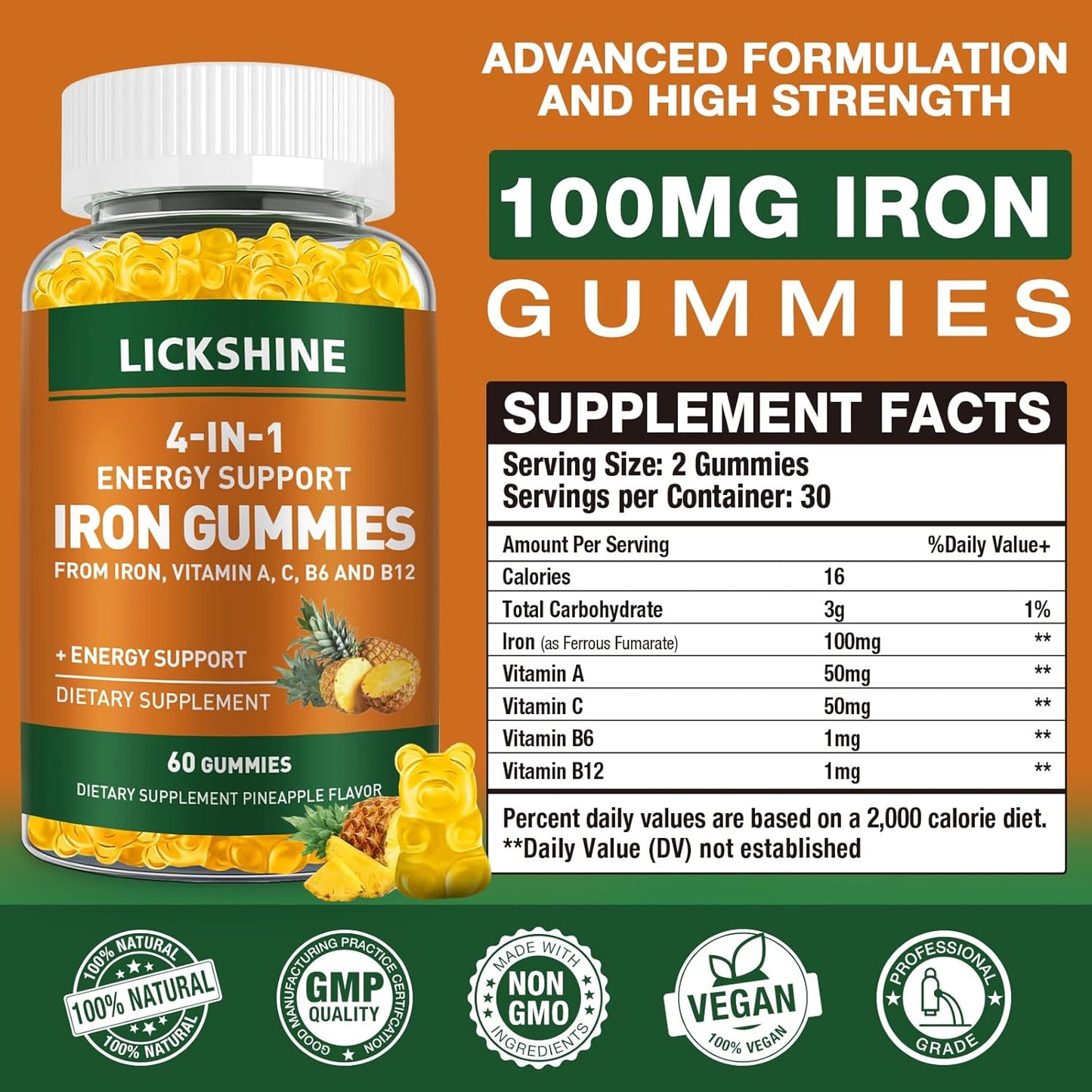 2 Pack Vegan 100MG Iron Supplement Gummies for Women & Men - with Vitamin C, A, B for Adults & Kids - Energy Support for Iron Deficiency, Anemia - Pineapple Flavor (120 Ct)