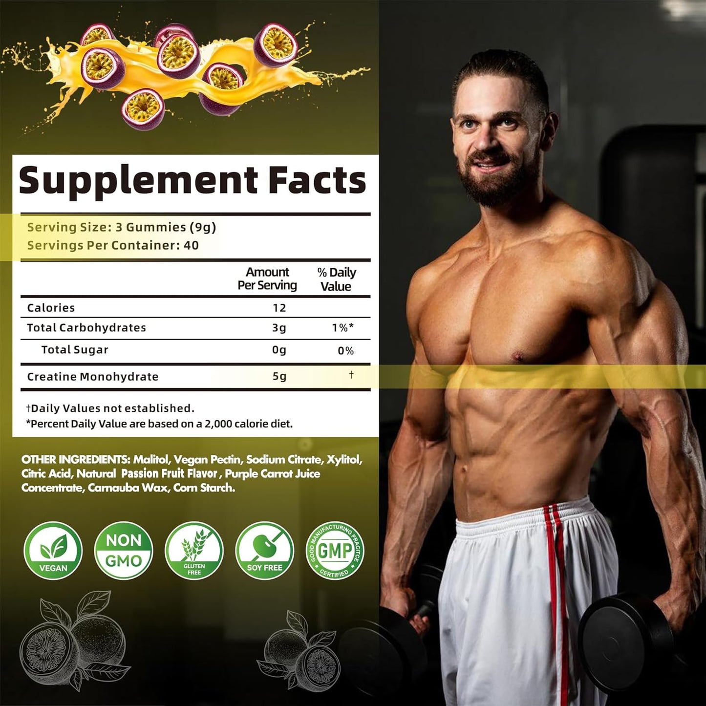 Creatine Monohydrate Gummies for Men & Women-5g of Creatine Monohydrate per Serving - Sugar Free,Vegan, Passion Fruit Flavor, 120 Count