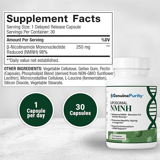 NMNH NAD Supplement - 250mg, 30 Count Liposomal NAD+ Supplement for Cellular Health & Energy - GMP Certified Advanced Reduced Form of NMN for Superior Stability & Absorption
